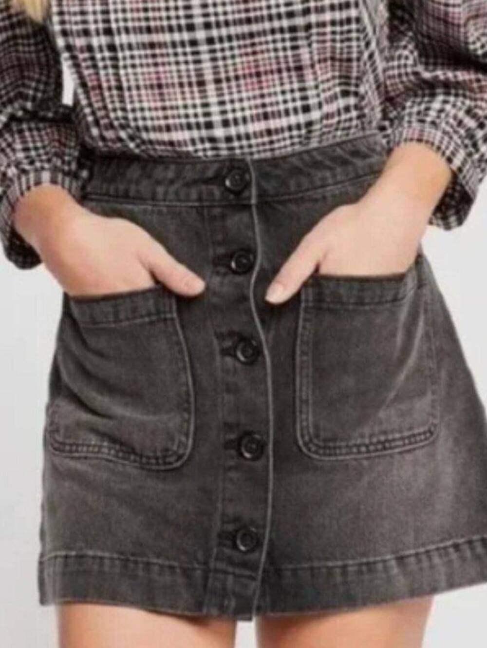 Free People Washed Black Button-Front Mini Skirt Waist 28 US 6 - Picture 1 of 9